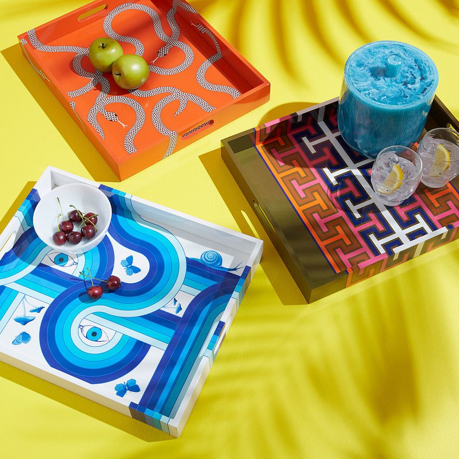 Shiny tray with blue abstract artwork