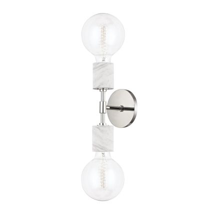A modern chic glass globe wall sconce with white marble and polished nickel accents