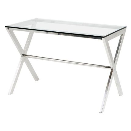 Stainless steel criss cross legged desk with glass top