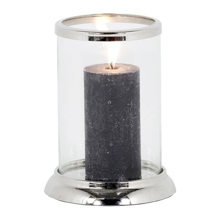 glass pillar candle holder with silver accents 