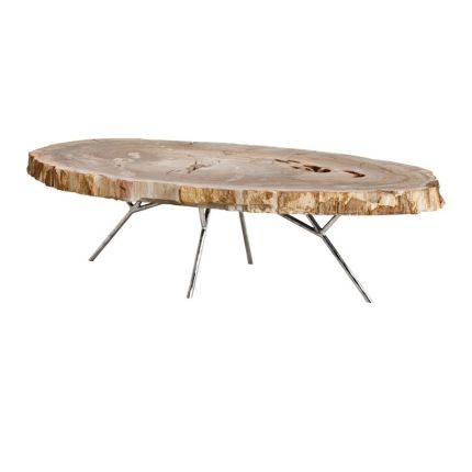 Nature inspired polished stainless steel coffee table with a light wood table top
