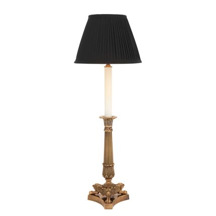 Detailed brass table lamp with black shade