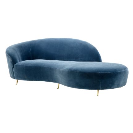 Designer contemporary faded blue velvet sofa with small brass legs