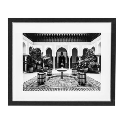 Vintage black and white print of a Marrakech courtyard