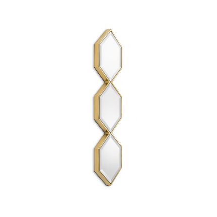 A glamorous wall mirror by Eichholtz with three hexagonal bevelled mirrors and a gold finish 