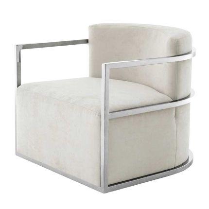 Designer stylish neutral velvet armchair with polished stainless steel frame