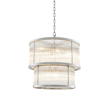 An Art-Deco inspired chandelier by Eichholtz with a nickel finish