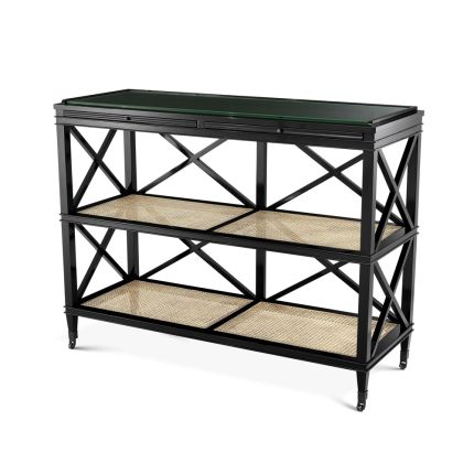 A stunning black mahogany and rattan console table with  a glass surface
