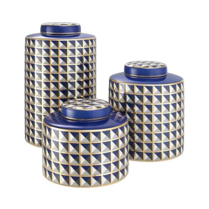 Set of 3 decorative jars in a blue, gold, white and black geometric pattern