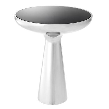 Sleek low silver side table with black glass table top
