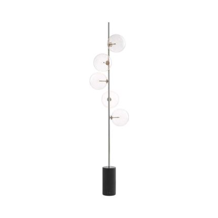 Modern, nickel finish floor lamp with 5 glass lampshade detailing and black marble base
