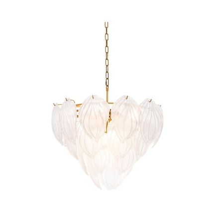 Antique brass chandelier with frosted glass petal design