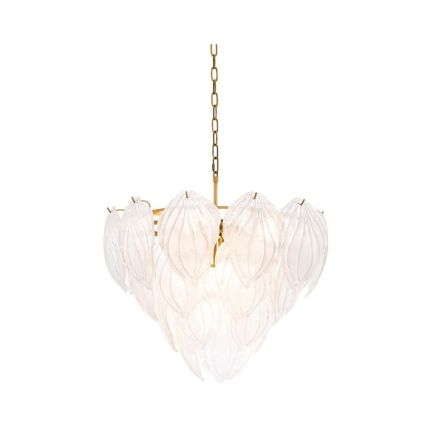 Antique brass chandelier with frosted glass petal design
