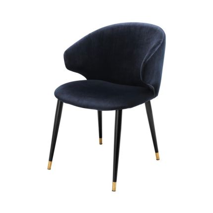 Luxury midnight blue velvet dining chair with black and gold tapered legs