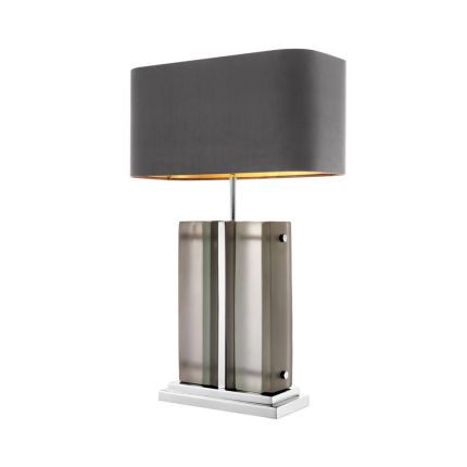 Silver table lamp with frosted glass and grey velvet shade