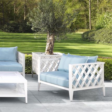 contemporary, outdoor chair with blue and white cushions