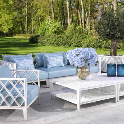 white, square outdoor coffee table