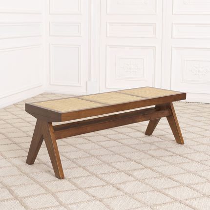 Brown finish, solid wood bench with rattan seat base