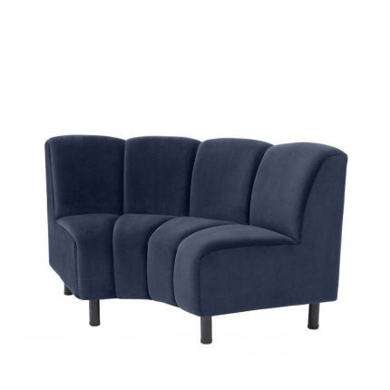 Midnight blue velvet sofa with black legs and corner design