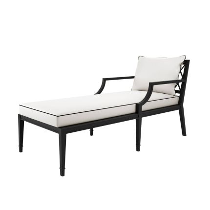 modern, outdoor chaise longue in black finish with white cushions and black piping