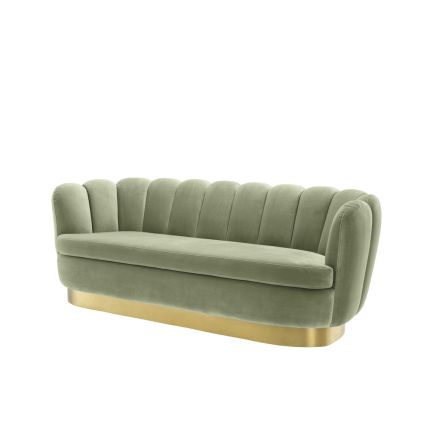 green art deco sofa with brushed brass plinth