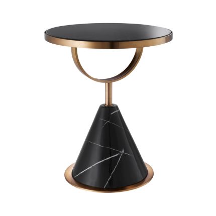 A modern black marble and copper side table with retro undertones