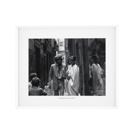 Beautiful black and white print of the Jaggers in a street in Venice on their honeymoon