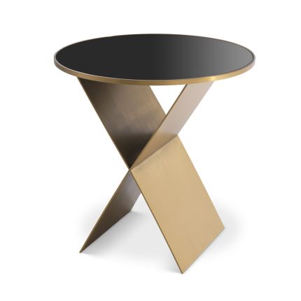 Luxurious Eichholtz modern brushed brass side table with black glass tabletop