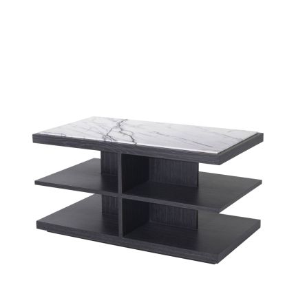 Charcoal grey oak veneer side table with multiple shelving and a white marble surface