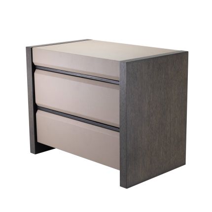 Eichholtz grey leather look bedside table with mocha oak veneer and 2 drawer fixture