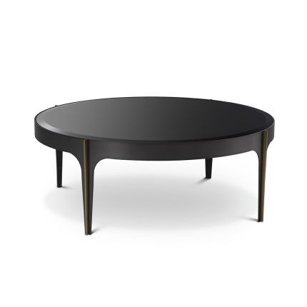 A contemporary chic coffee table by Eichholtz with a round black bevelled glass top, bronze frame and brass accents