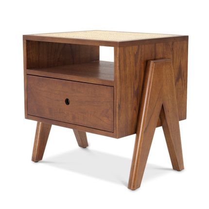 Eichholtz luxury wooden one-drawer bedside table with rattan cane top