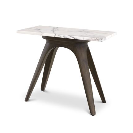 A luxurious side table by Eichholtz with a rectangular, Italian bianco lilac marble table top, a mocha finish frame and tapered legs 