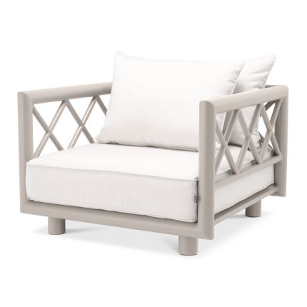 Contemporary greige outdoor armchair with neutral-toned seat cushion by Eichholtz