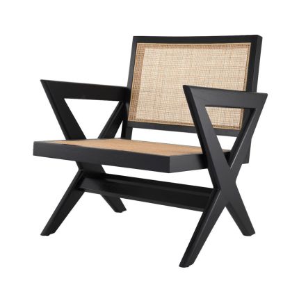 An iconic black mindi wood and rattan chair with x-shaped legs