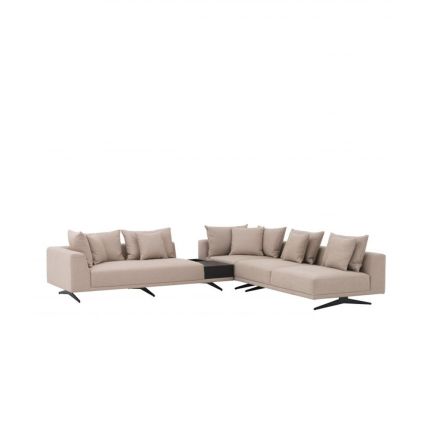 A glamorous sand-coloured corner sofa with contrasting black legs