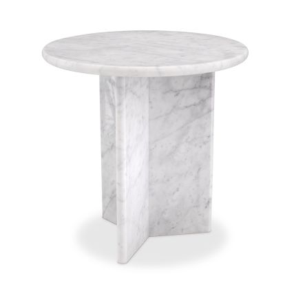 A luxurious round white marble side table by Eichholtz with a unique base