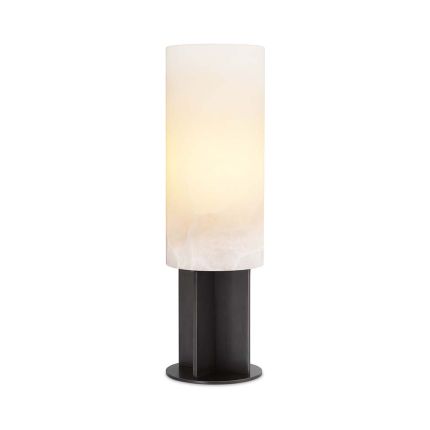 An alabaster and bronze table lamp with a geometric base.