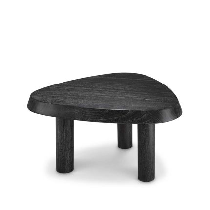 A rounded triangular coffee table with a charcoal veneer finish