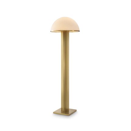 A stunning art deco inspired standing floor lamp with a brass base and a white glass shade