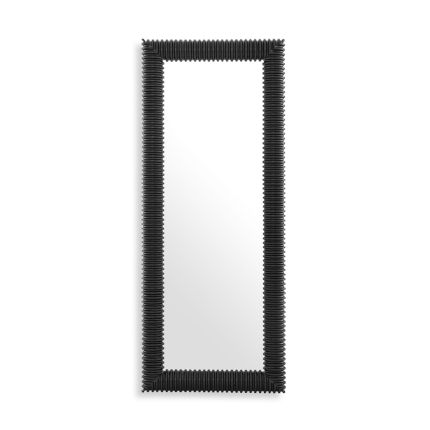 This rectangular mirror is crafted from solid mahogany wood and finished with a beautiful black frame featuring a row pattern in high relief.