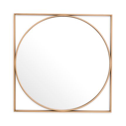 Art-deco inspired mirror with circular and straight brass finish frame.
