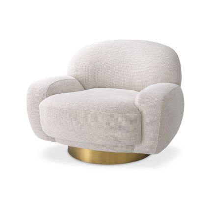 A luxury, Lyssa Off-White upholstered swivel chair by Eichholtz with a brushed brass finished base