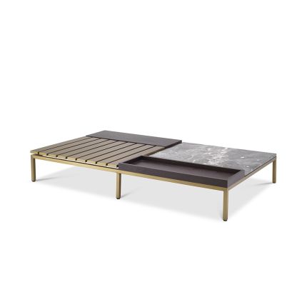 Beautiful coffee table with brushed brass frame and top with oak veneer and grey marble surface