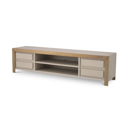 A stylish TV Unit by Eichholtz crafted from washed oak veneer and finished with a brushed brass frame 