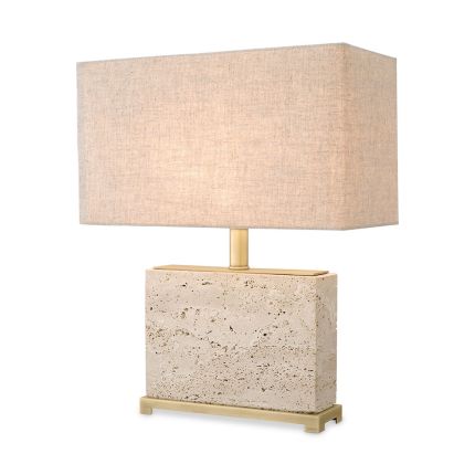 Striking, modern travertine table lamp with brass accents