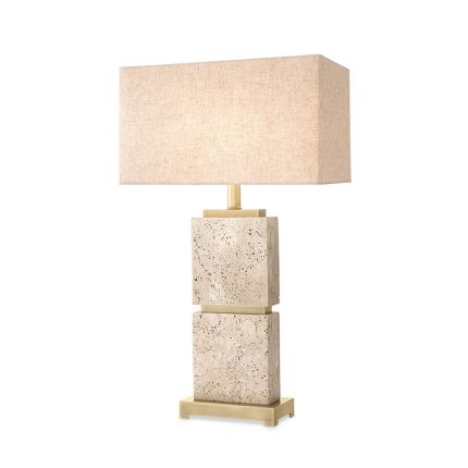 Enchanting boxy side lamp with travertine base and brass accents