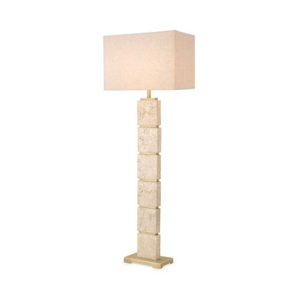 A modern and neutral floor lamp by Eichholtz with a boxy shape shade and travertine finish