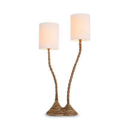 Textured conjoined brushed-brass side lamp with two boucle shades.