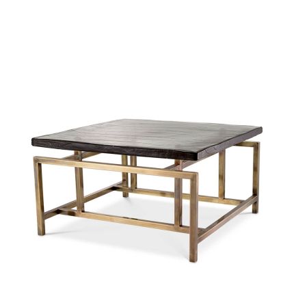 Square geometric coffee table with brass legs and glass top